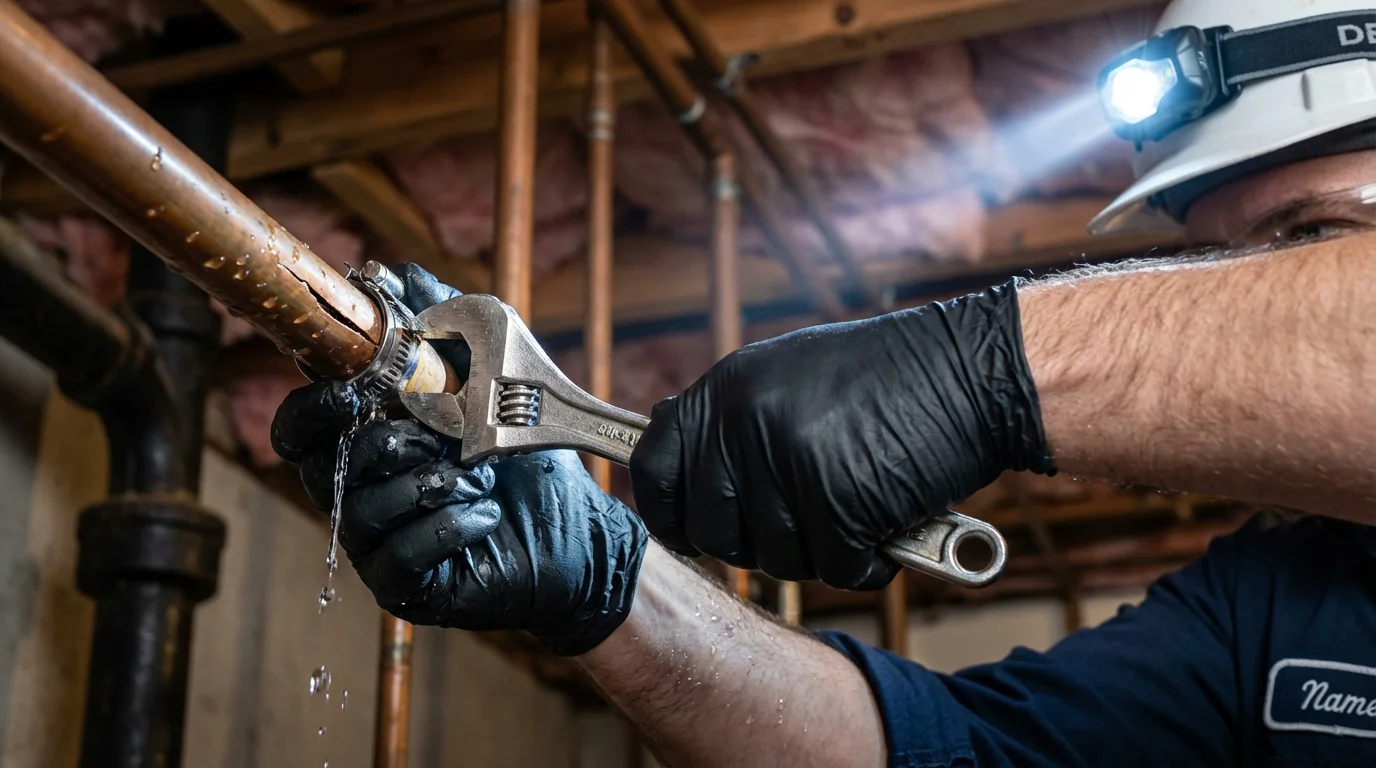 Emergency pipe clamp repair being performed by a Johns Plumbing LLC plumber in Fitzgerald