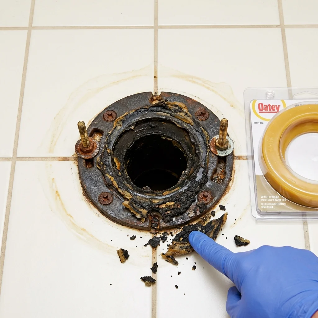 Failed wax ring showing water seepage at the base of a toilet in a Fitzgerald, GA home